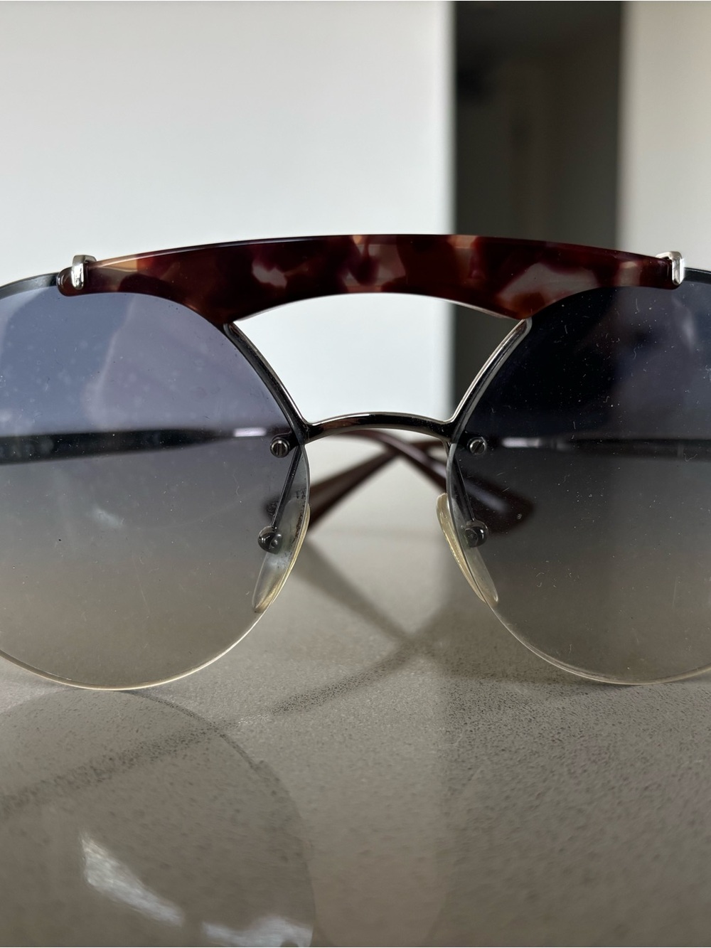 Prada Round Gradient Sunglasses with Tortoiseshell Brow Bar - Women